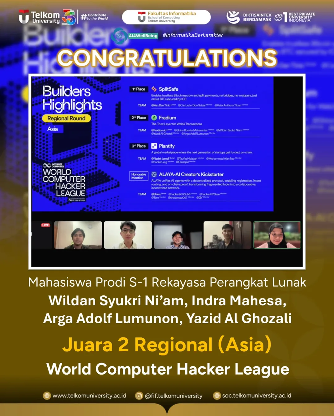 Tim Mahasiswa Prodi S1 RPL Berhasil Meraih JUARA 2 Regional (Asia) World Computer Hacker League